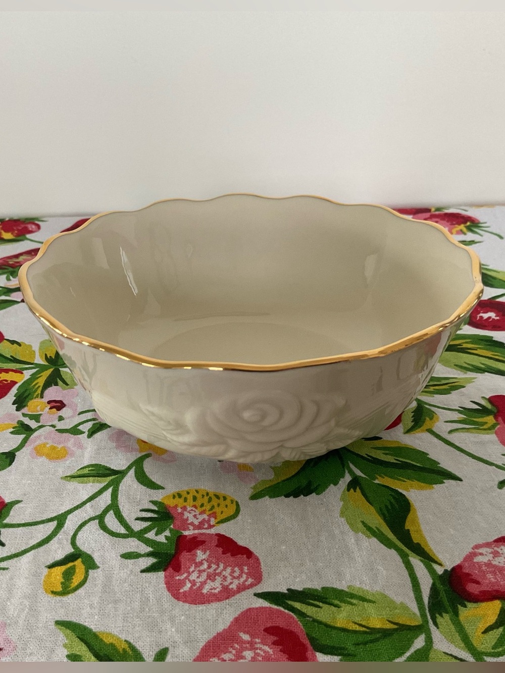 Lenox Ivory Embossed Rose & Ribbon Serving/Candy Bowl with Gold Trim